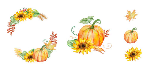 Watercolor autumn wreath set with pumpkins and fall leaves