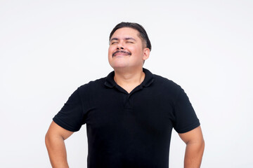 A happy middle-aged man smelling the nice aroma of delicious food nearby. Inhaling the rich smells of a sumptuous meal. Isolated on a white background.