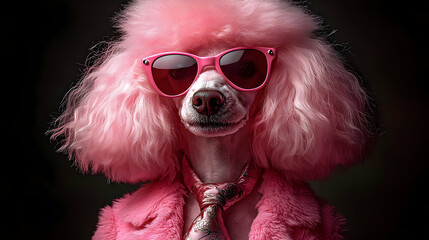 A stylish dog in pink attire and sunglasses, exuding personality.