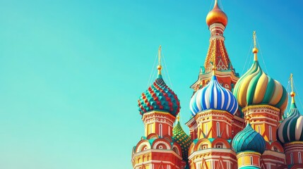 Colorful onion domes of St. Basil's Cathedral under a bright blue sky in Moscow.