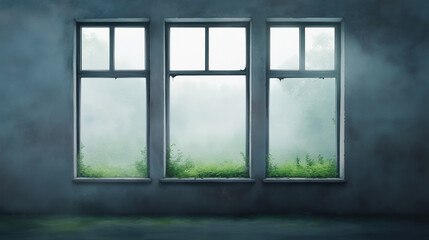 Fototapeta premium Three large windows in an abandoned building, with misty views of the overgrown outside, evoke a sense of isolation and mystery.