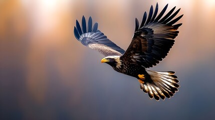 Bald Eagle in Flight Over Sunset