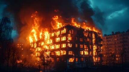 Fototapeta premium Urban apartment complex on fire, raging flames and smoke clouding the night, a dramatic scene for insurance purposes, night fire destruction