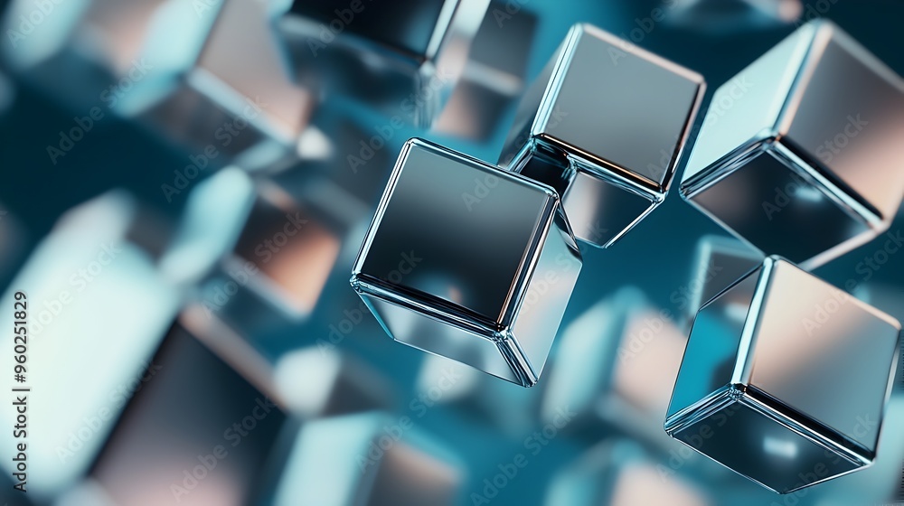 Poster floating silver metallic cubes in gradient backdrop for futuristic abstract innovation and tech