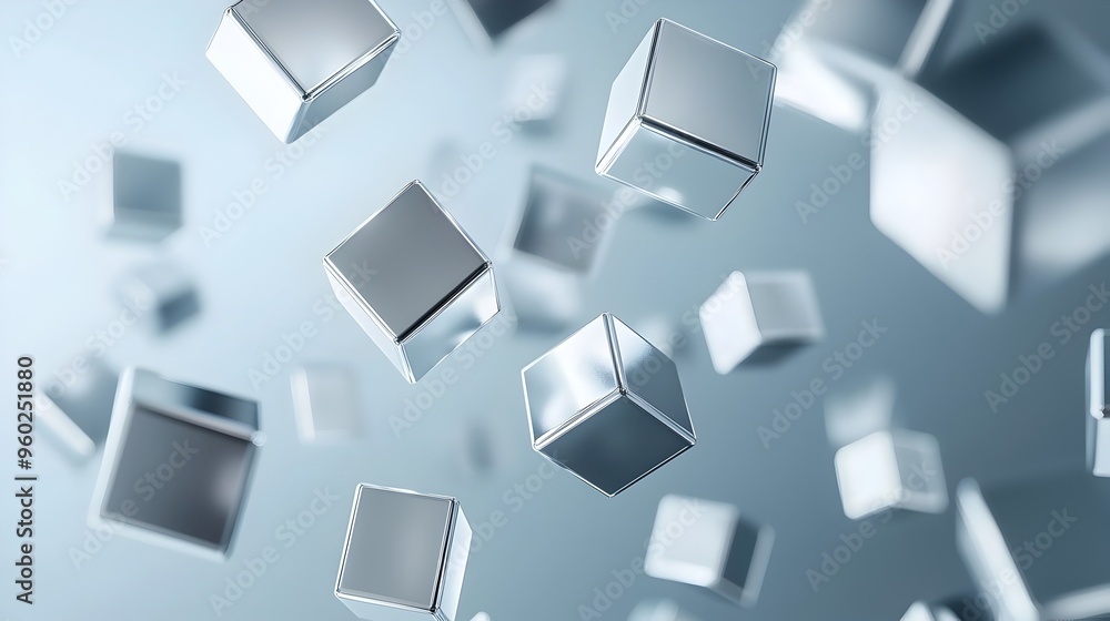 Poster floating silver metallic cubes on gradient backdrop for futuristic tech branding