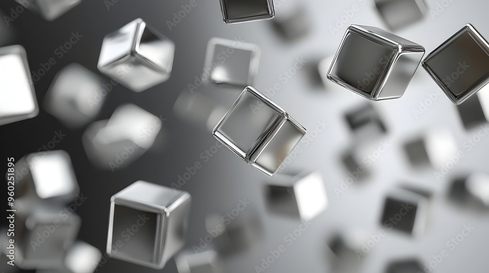 Poster floating silver metallic cubes on gradient backdrop for innovation and tech branding