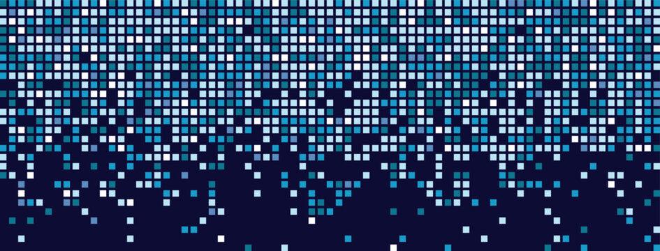 Digital backdrop with dissolving rectangular dots and gradient mosaic texture. Dark abstract background made of blue pixels. ector illustration of a grid of geometric square elements.
