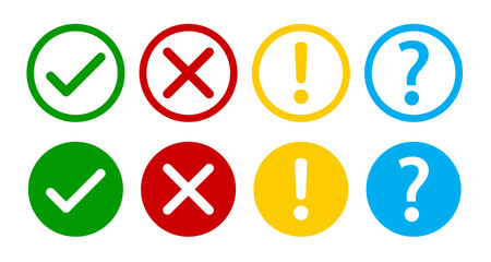 Set of colorful icons showing check mark, cross, exclamation, and question mark in circles. Ideal for UI design, alerts, notifications, confirmations, warnings, and help sections. Icons, vector.