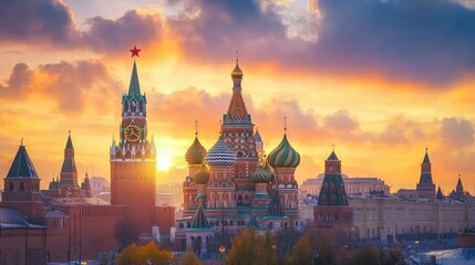 Fototapeta premium Moscow skyline at sunset with iconic Kremlin towers and St. Basil's Cathedral in the foreground.