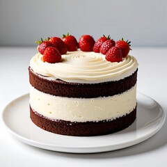 Layered Vanilla Cake with Strawberries on Top isolated on white background