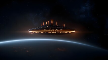 Futuristic Spaceship Orbiting Planet in Deep Space