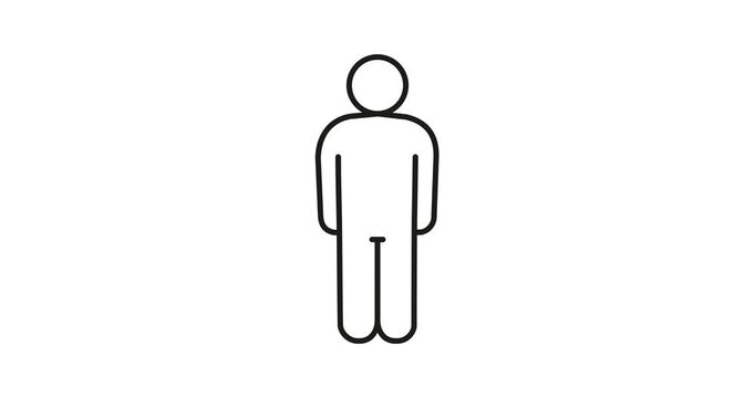 Weight loss, obese body of man change on thin healthy figure, line icon illustration animated. Fat, big size in small contour. Risk diabetes. Video 4K motion loop animation on white background
