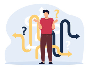 Business decision making, career path, work direction or choose the right way to success concept. Confusing businessman looking at crossroad sign with question mark and think which way to go. 