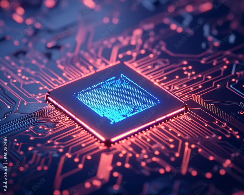 Poster close-up view of a microchip on a circuit board, showcasing intricate details and vibrant lighting, 
