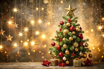 Festive Christmas background with a beautifully decorated tree, adorned with twinkling lights, shimmering ornaments, and a star on top, set against a cozy holiday backdrop.