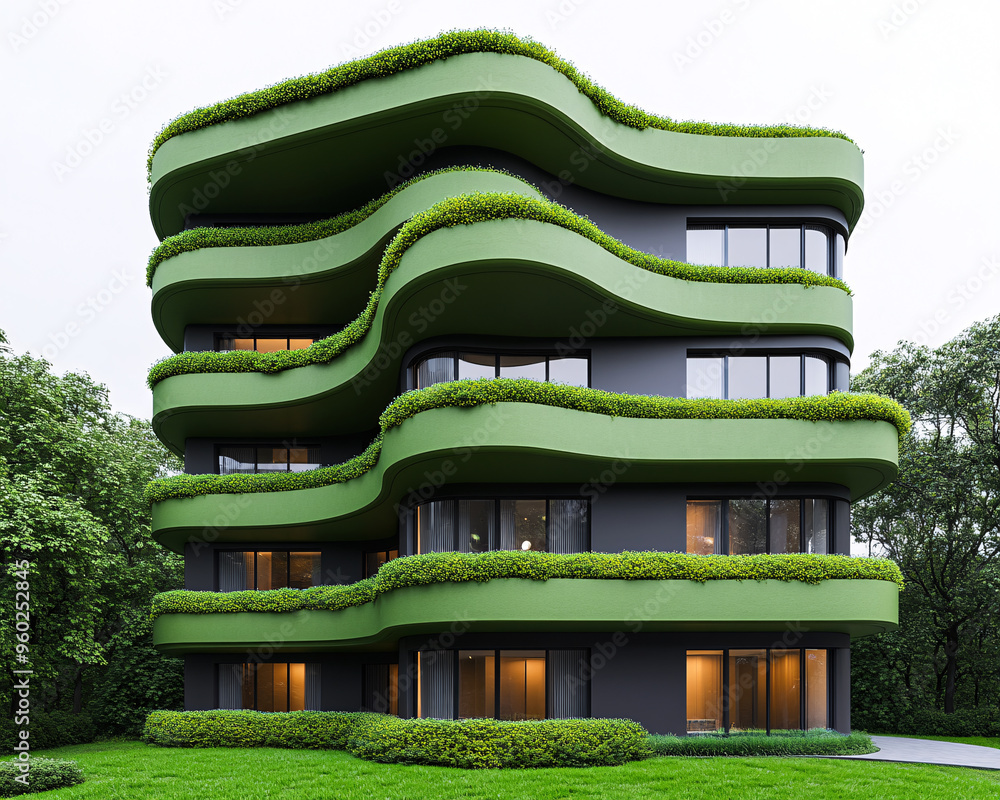 Poster modern green building with wavy design and lush vegetation creating a striking architectural feature