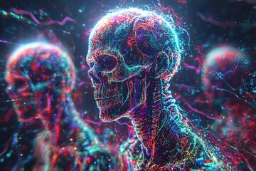 Surreal glowing skull in cosmic space with vibrant colors and energy