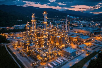 Illuminated Industrial Complex at Dusk with Mountain Backdrop