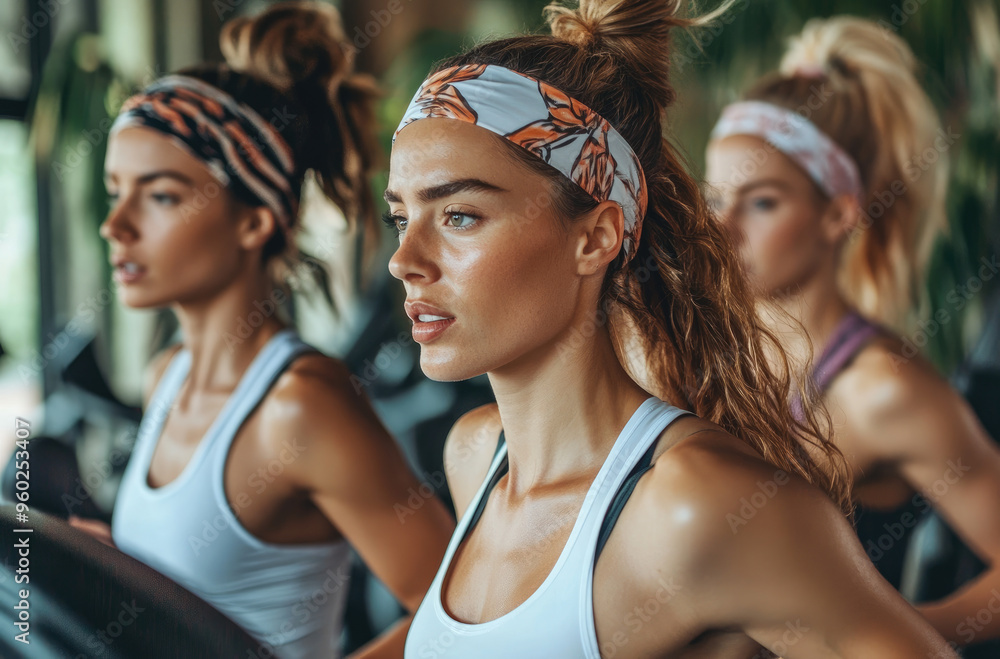 Canvas Prints Three women running on the treadmill in a fitness club. One of them is wearing a white headband and blue sportswear with a ponytail hairstyle.