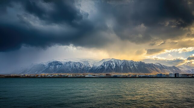 Reykjavik's Esjan mountain range viewed from across the bay with a dramatic sky overhead.