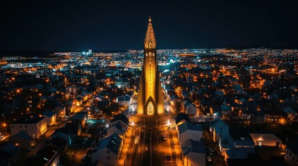 Obraz premium Reykjavikfamous church illuminated at night, towering over the city streets.