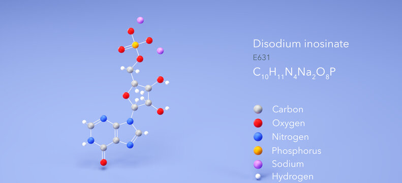 disodium inosinate molecule, molecular structure, e631, 3d model, Structural Chemical Formula and Atoms with Color Coding