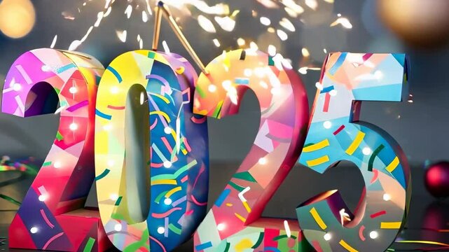 Colorful 2025 celebration image with confetti and glowing decorations, perfect for New Year festivities and holiday greetings.