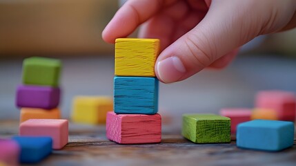 Hand Placing Blocks in a Toy Stack: A hand carefully placing colorful wooden blocks in a stack, with other toys scattered around.
