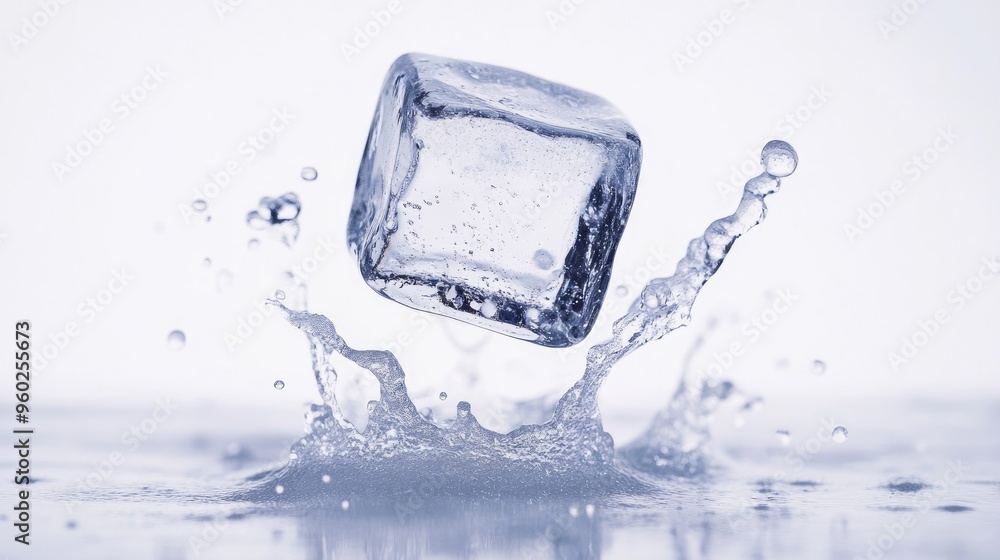 Poster falling ice cube perfectly isolated on white, with sharp focus and full depth of field, emphasizing 