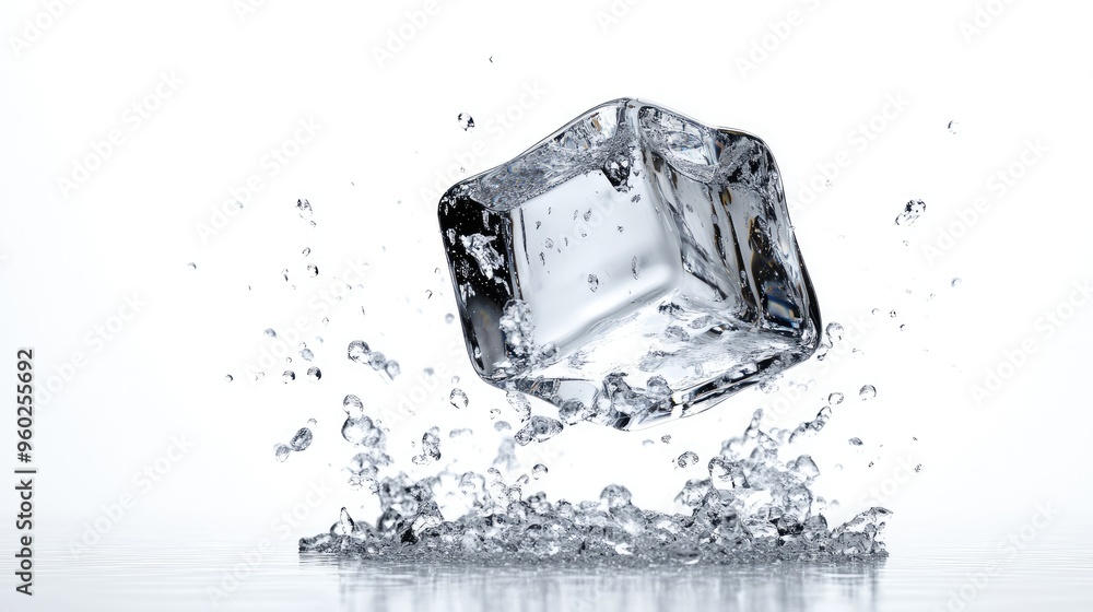 Poster falling ice cube perfectly isolated on white, with sharp focus and full depth of field, emphasizing 