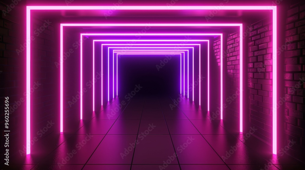 Poster vibrant 3d rendering of an abstract bright neon frame, featuring luminous neon lines forming a recta