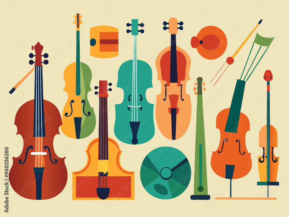 Wall mural set of different violins, string instruments.vector images of musical instruments