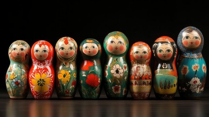 Fototapeta premium Russian matryoshka dolls arranged in a line, showcasing traditional patterns and colors.