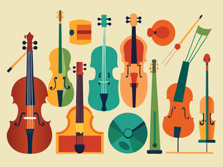 Collection of Various Violins, String Instruments, Vector Illustrations of Musical Tools, Artistic Design Elements. © VectorVibe