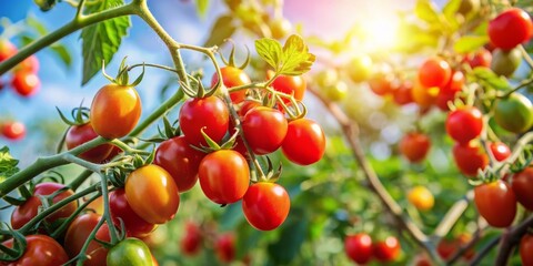 Fototapeta premium Lively and Vibrant Cherry Tomato Plants Thriving Under Bright Sunlight in a Garden