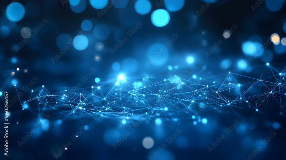 Poster a vibrant blue abstract background with interconnected lines and dots.