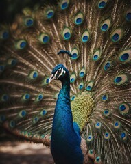 Obraz premium Closeup of a peacock spreading wings and feathers in a beautiful garden.
