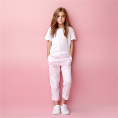 A cute little girl wearing  a white sweatshirt. A full body shot. Mockup for kids design. White space, pink background. Teen girl