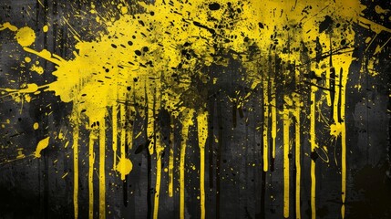 Urban street art graffiti poster with grunge and halftone texture in bold yellow and black tones, featuring distressed brush-drawn elements, ink drips, and paint splashes in a vintage-style design
