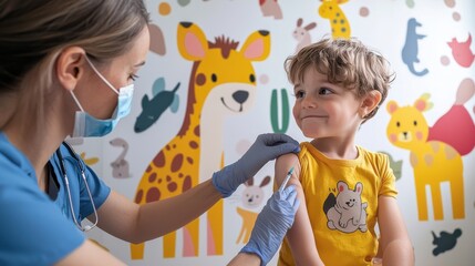 A child receiving a flu shot from a nurse in a pediatric office decorated with cheerful animal murals