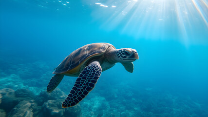 Obraz premium Sea turtle swimming above the ocean floor with light rays filtering