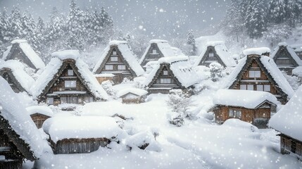 Shirakawa-go gassho-zukuri houses during a snowstorm, with thick snow covering the roofs.