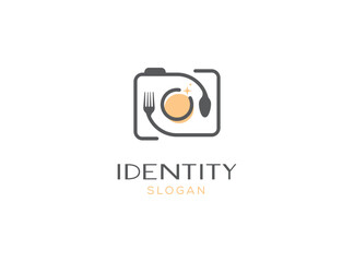 Food photography logo design illustration. Camera, spoon, fork and meal icon