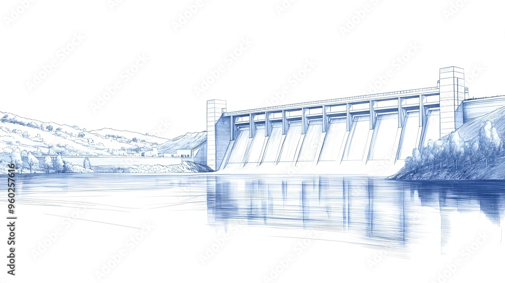 Poster detailed technical blueprint-style of a hydroelectric dam for architecture and engineering