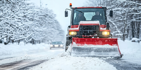 Snowplough working, removing snow from road. A machine for street clearing snow after a snow storm. Winter road clearing