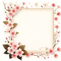 日本の桜をテーマにしたグリーティング カードの空のテンプレート。白背景に日本の桜のフレーム