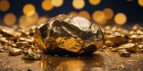 A large gold rock sits on a pile of gold.