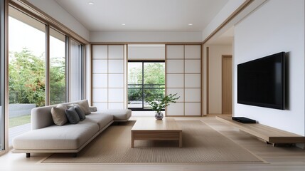 Fototapeta premium Japanese-inspired open-concept living room with sliding shoji screens, tatami mats, Japanese modern style