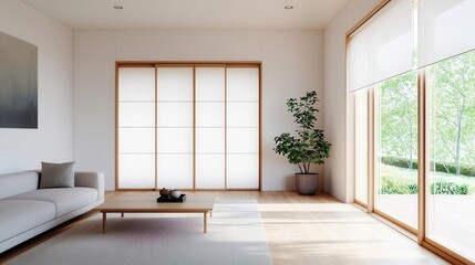 Fototapeta premium Japanese-inspired open-concept living room , minimalist aesthetic, interior design, Japanese modern style