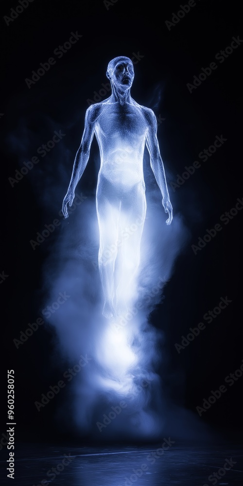 Poster a man in a blue floating in the air. the image is a representation of a futuristic, sci-fi world. th